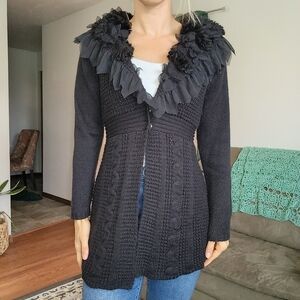 Cache Knit Long Sleeve Sweater With Ruffle & Feather Details Size Medium